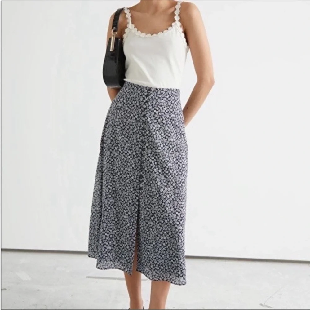 & Other Stories Cotton Navy Floral Midi Skirt 34/US2